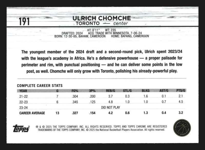 2024-25 Topps Chrome Ulrich Chomche #191 Magenta Refractor Raptors RC
