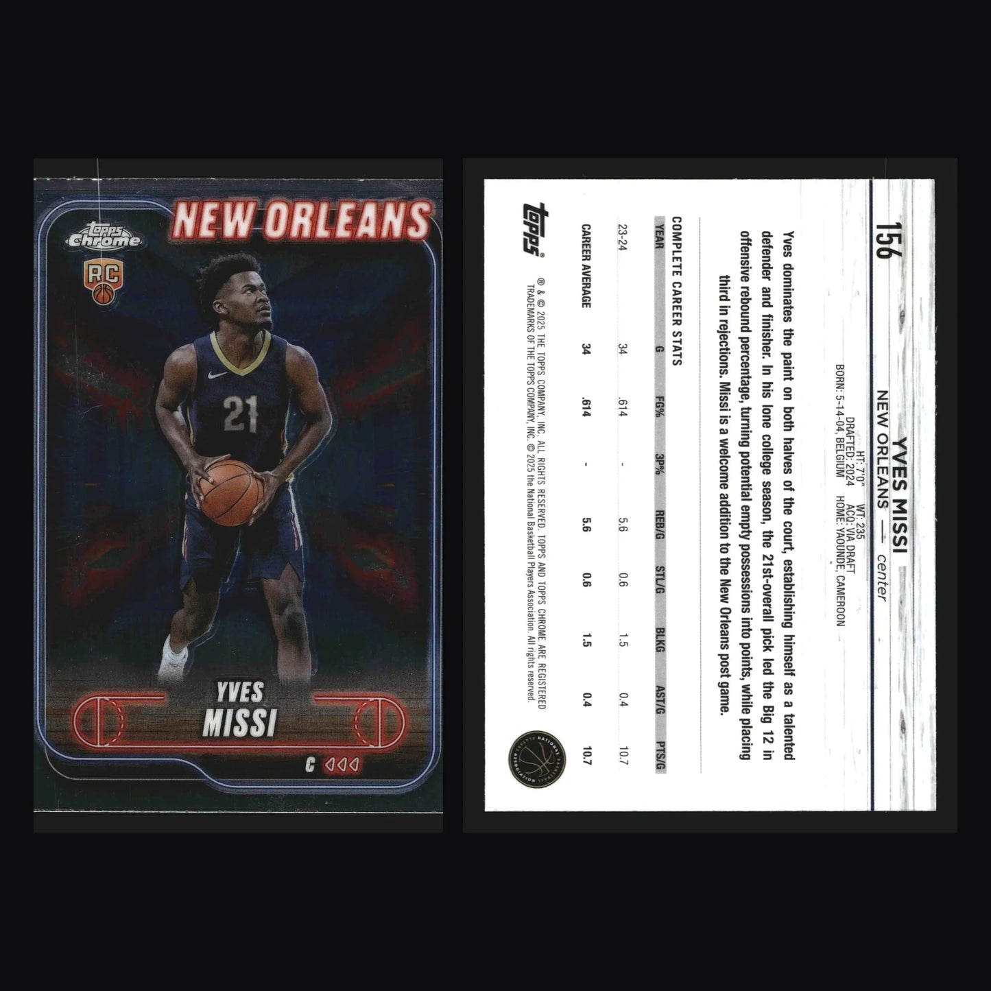 2024-25 Topps Chrome Yves Missi #156 RC New Orleans Pelicans Rookie
