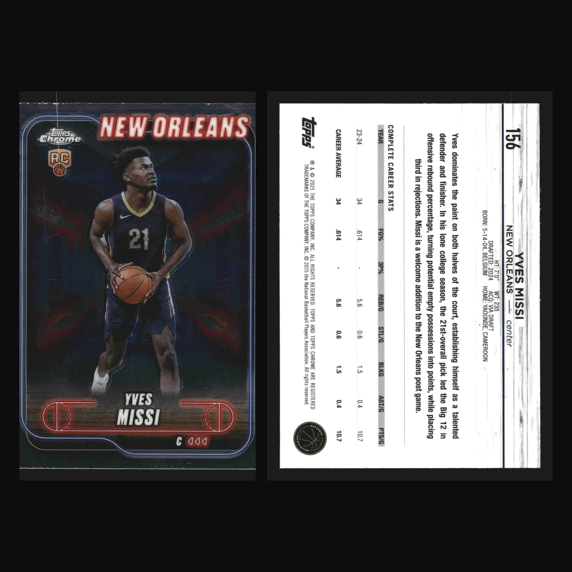 2024-25 Topps Chrome Yves Missi #156 RC New Orleans Pelicans Rookie