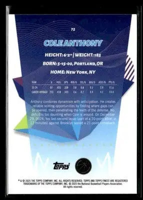 2024-25 Topps Finest #72 Cole Anthony Base Orlando Magic - Basketball Card Single