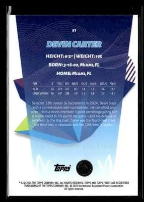 2024-25 Topps Finest #81 Devin Carter Base RC Sacramento Kings - Basketball Card Single