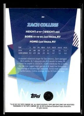 2024-25 Topps Finest #84 Zach Collins Sky Blue Refractor Chicago Bulls - Basketball Card Single