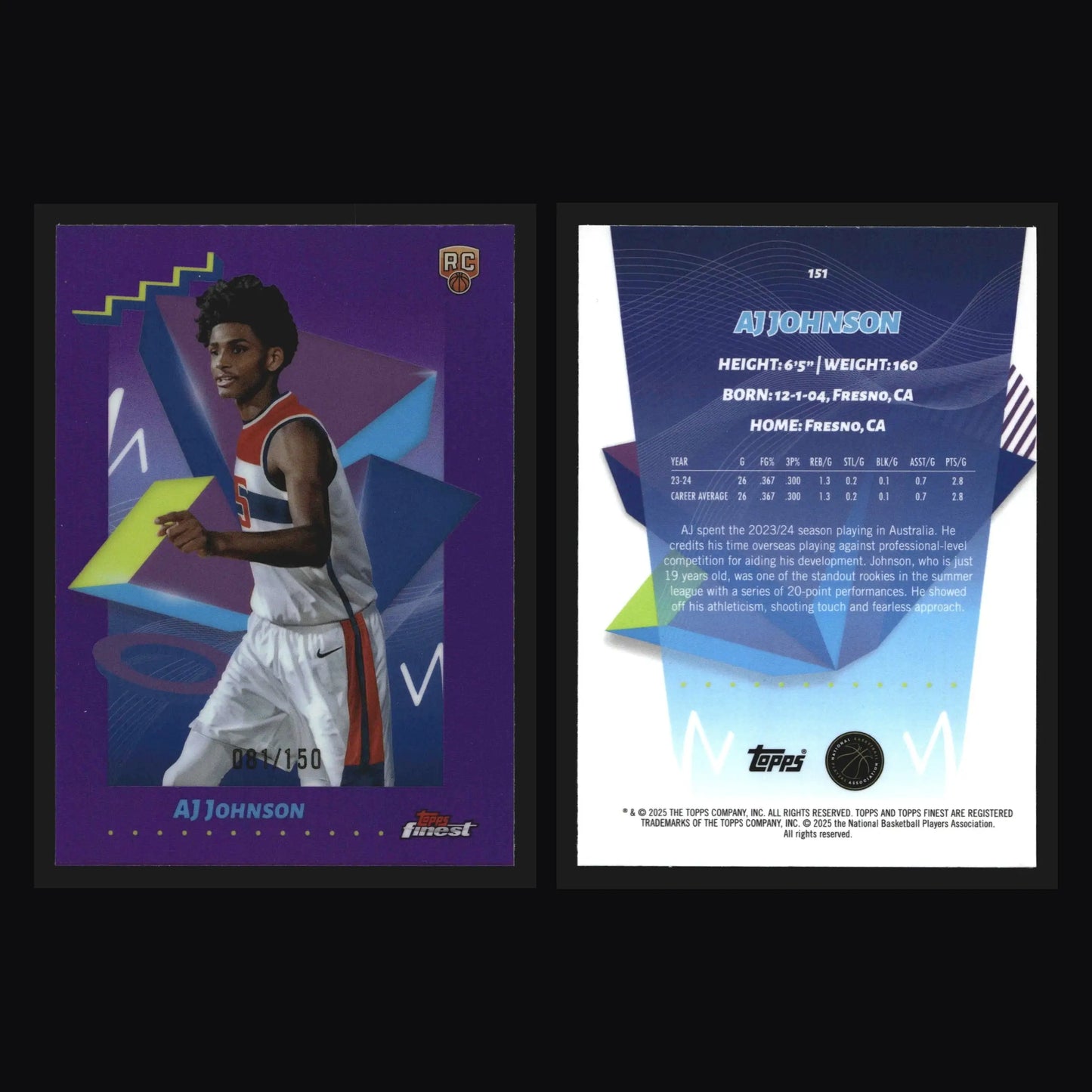 2024-25 Topps Finest AJ Johnson #151 Purple Refractor /150 RC - Basketball Card Single