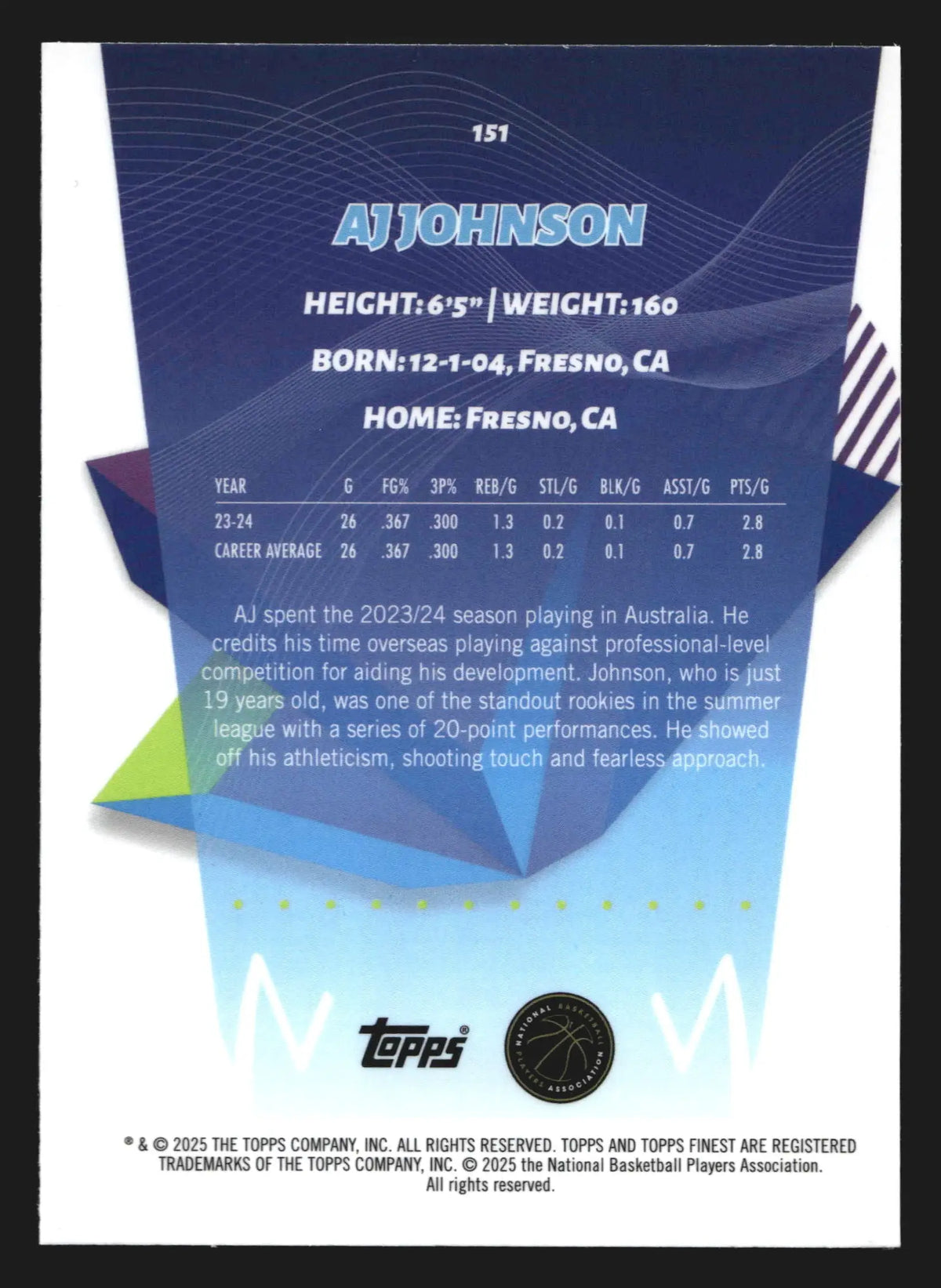 2024-25 Topps Finest AJ Johnson #151 Purple Refractor /150 RC - Basketball Card Single