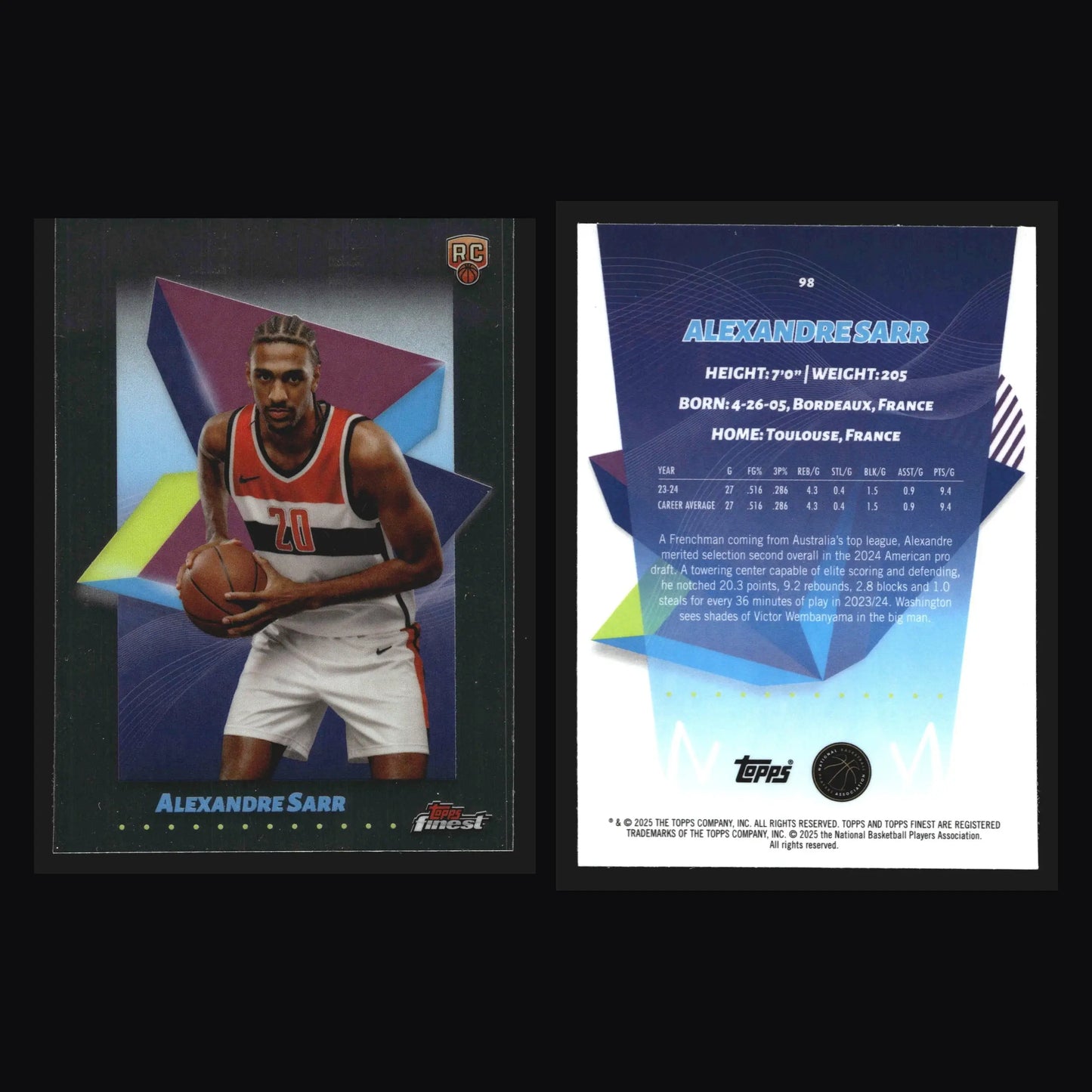 2024-25 Topps Finest Alexandre Sarr #98 RC Wizards - Basketball Card Single