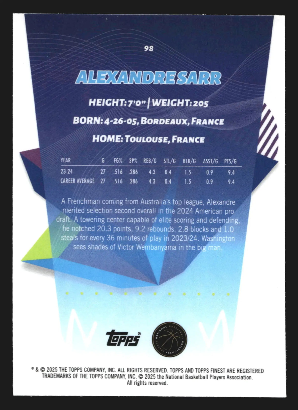2024-25 Topps Finest Alexandre Sarr #98 RC Wizards - Basketball Card Single