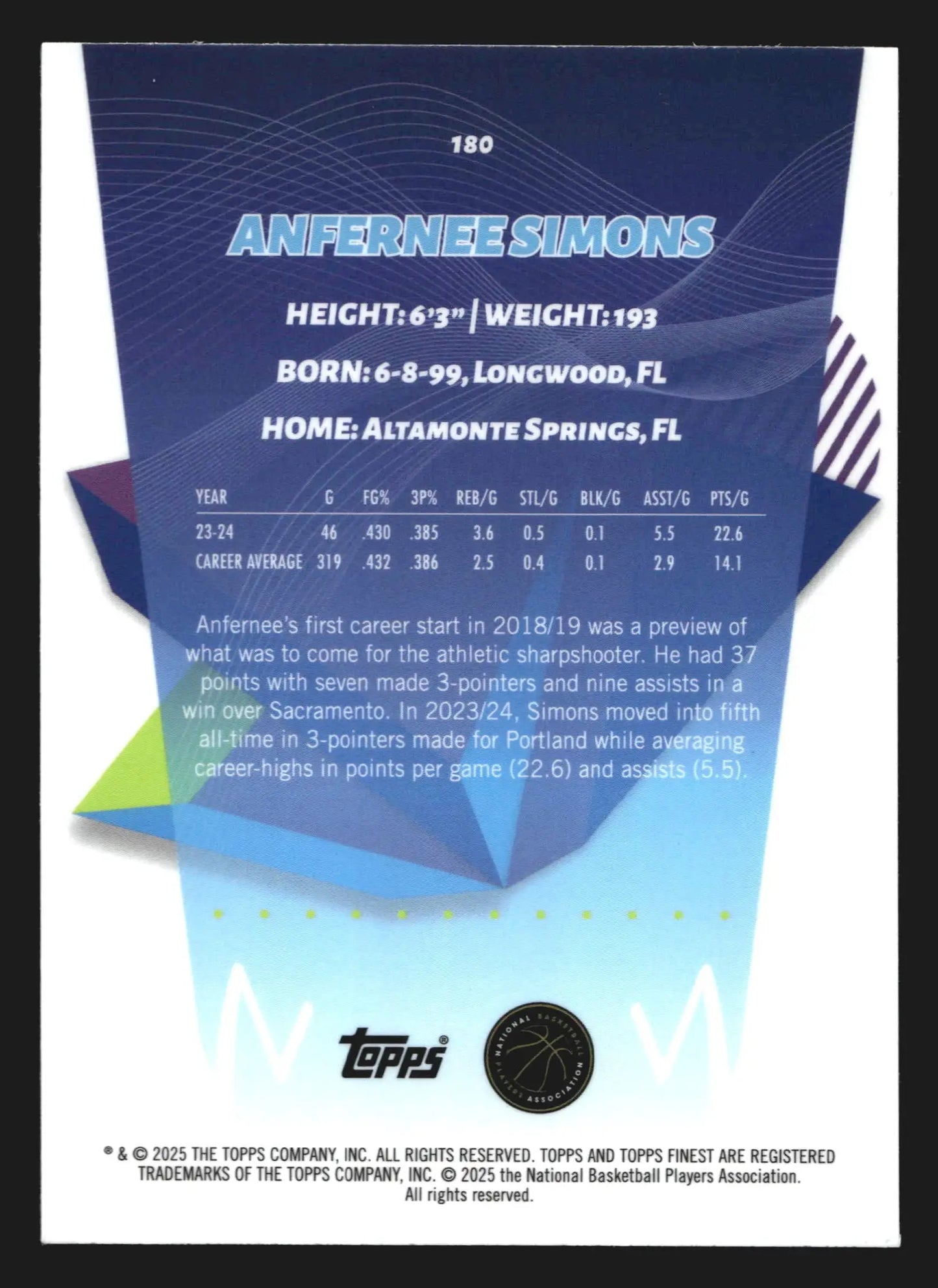 2024-25 Topps Finest Anfernee Simons #180 Portland Trail Blazers - Basketball Card Single
