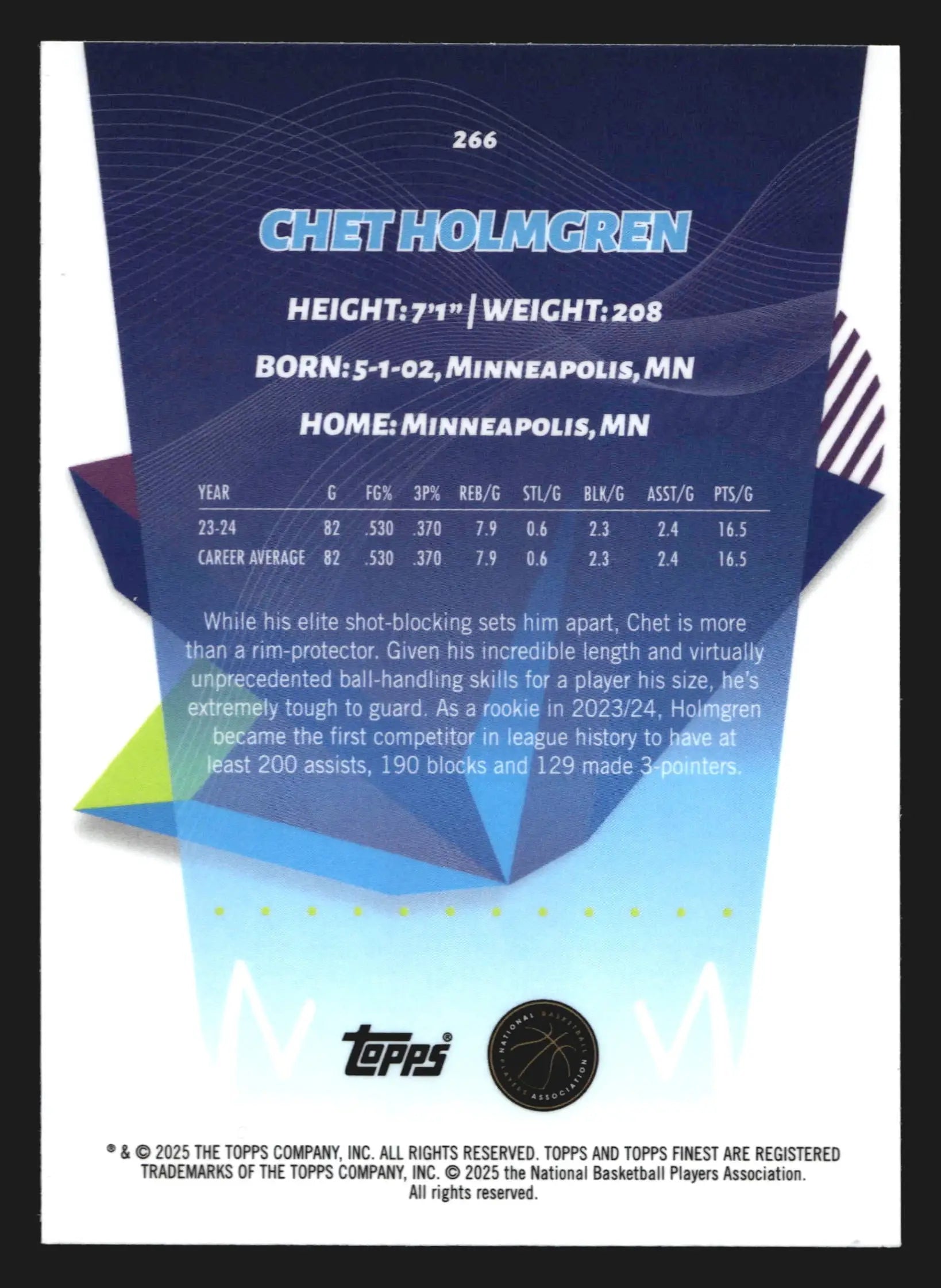2024-25 Topps Finest Chet Holmgren #266 Thunder - Basketball Card Single