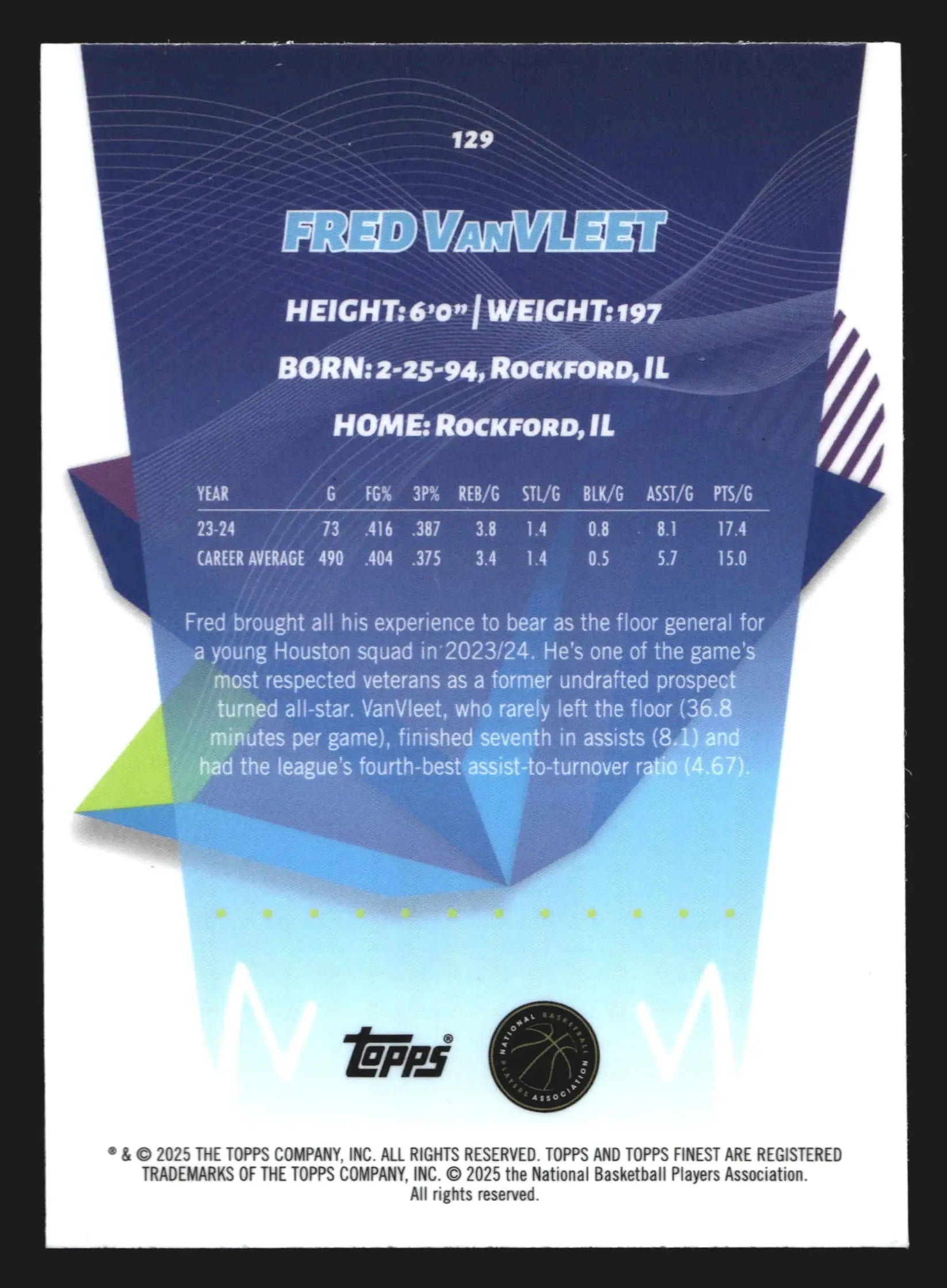 2024-25 Topps Finest Fred VanVleet #129 Houston Rockets - Basketball Card Single