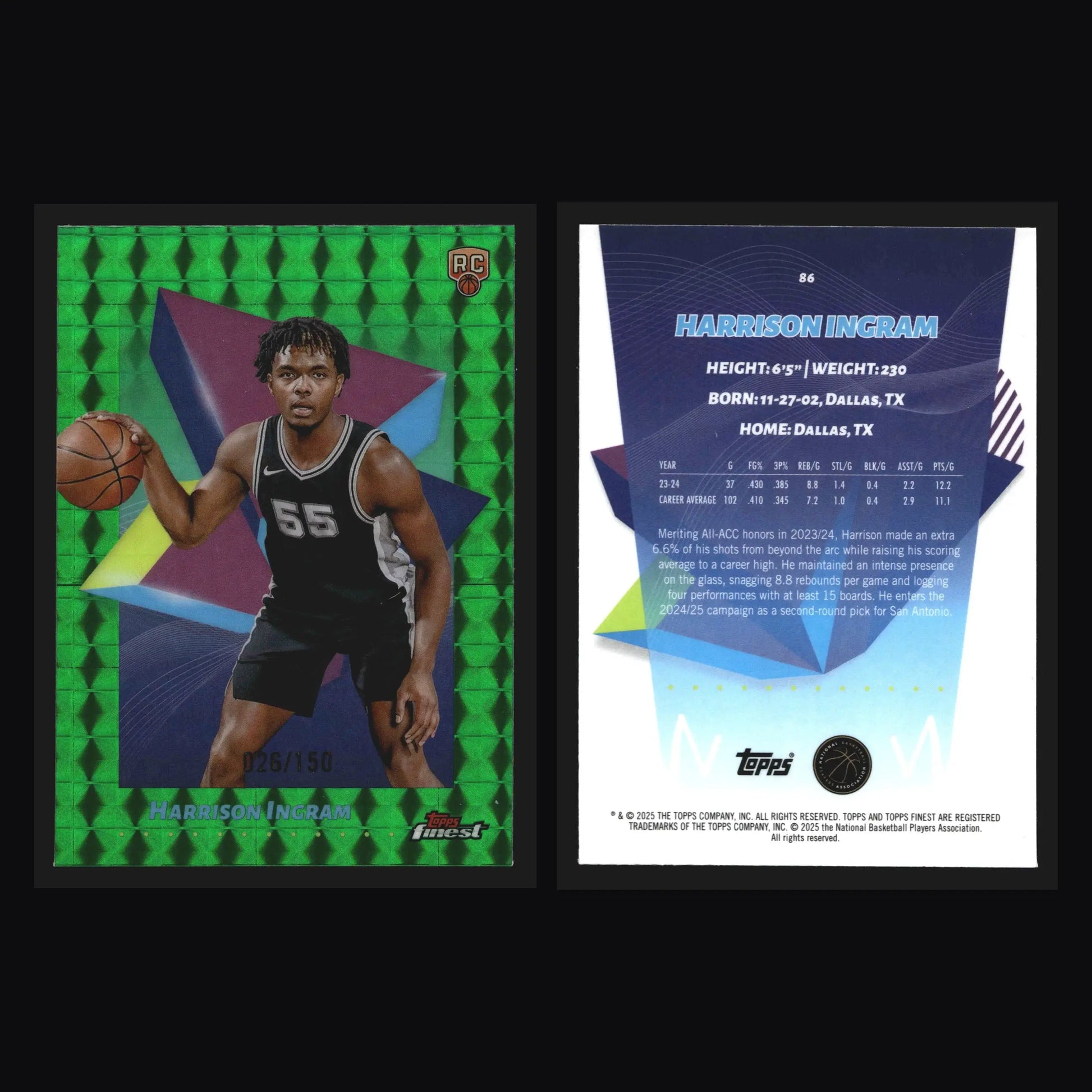 2024-25 Topps Finest Harrison Ingram #86 Green Geometric /150 RC Spurs - Basketball Card Single