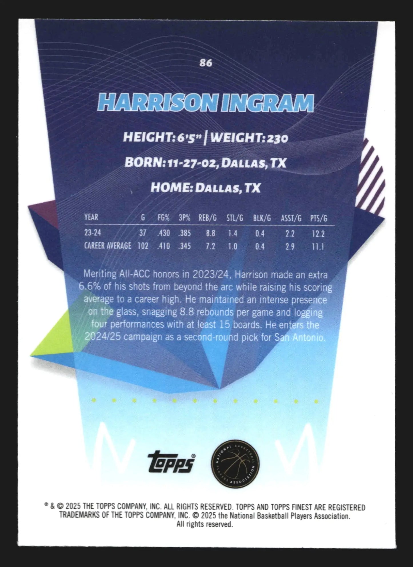 2024-25 Topps Finest Harrison Ingram #86 Green Geometric /150 RC Spurs - Basketball Card Single