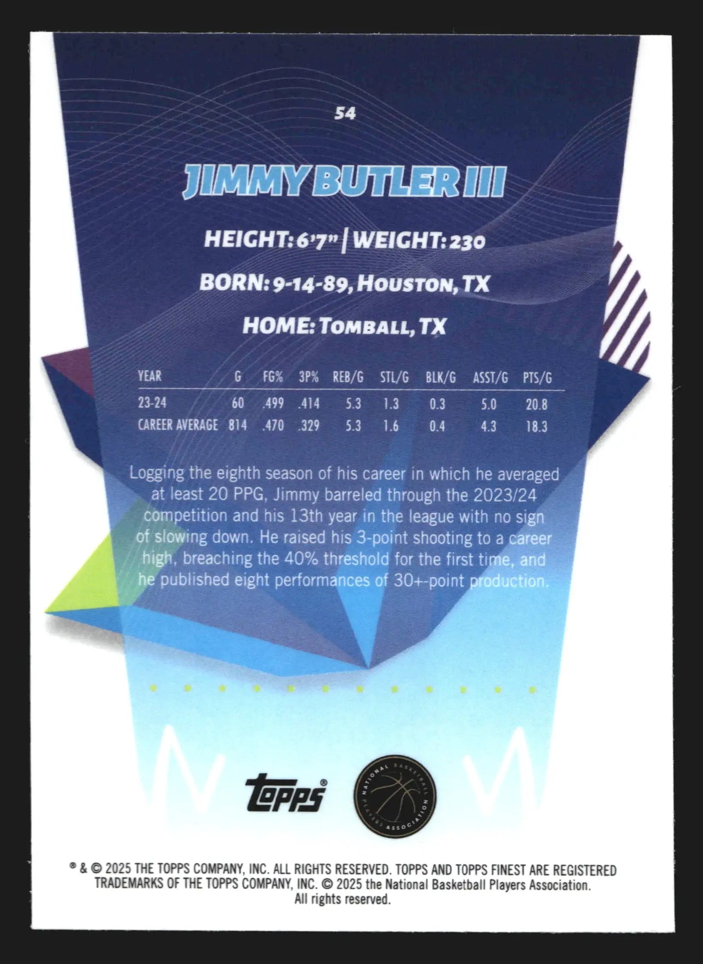 2024-25 Topps Finest Jimmy Butler III #54 Sky Blue Refractor Warriors - Basketball Card Single