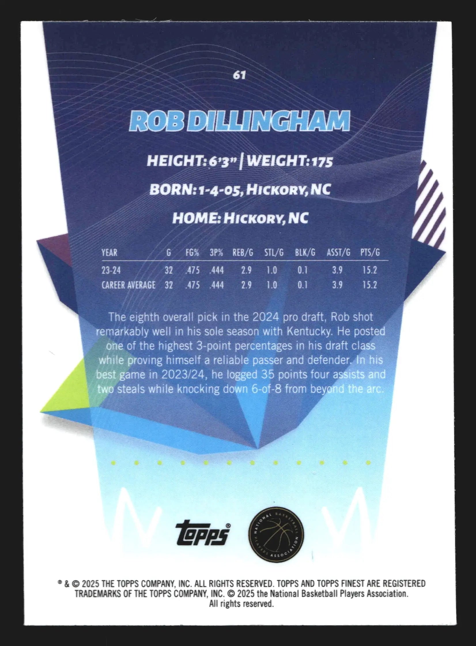 2024-25 Topps Finest Rob Dillingham #61 RC Minnesota Timberwolves - Basketball Card Single