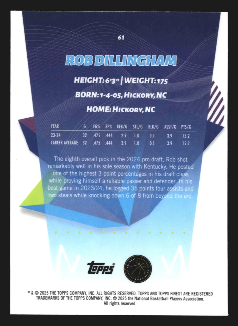 2024-25 Topps Finest Rob Dillingham #61 X-Fractor RC Timberwolves - Basketball Card Single