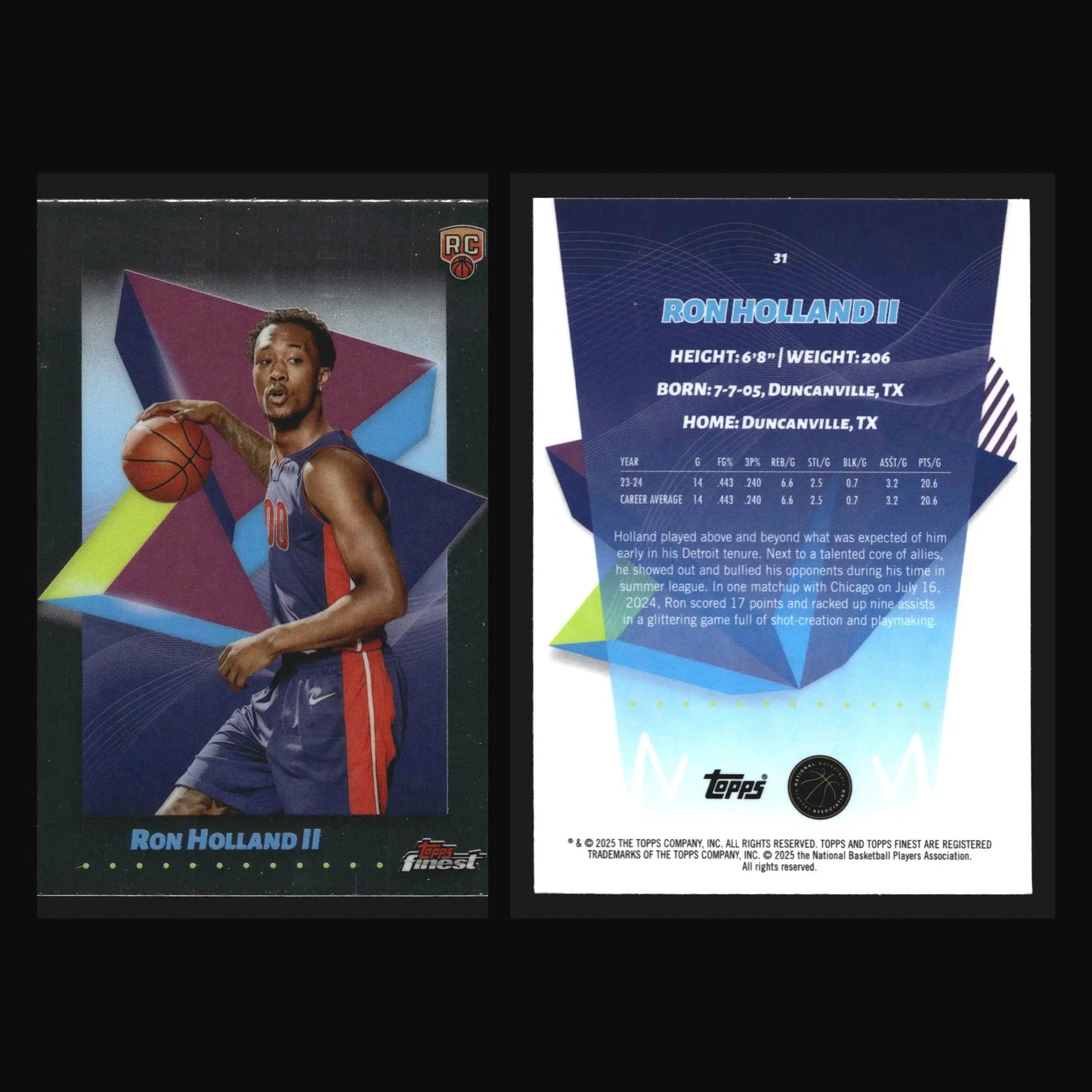 2024-25 Topps Finest Ron Holland II #31 RC Detroit Pistons Rookie