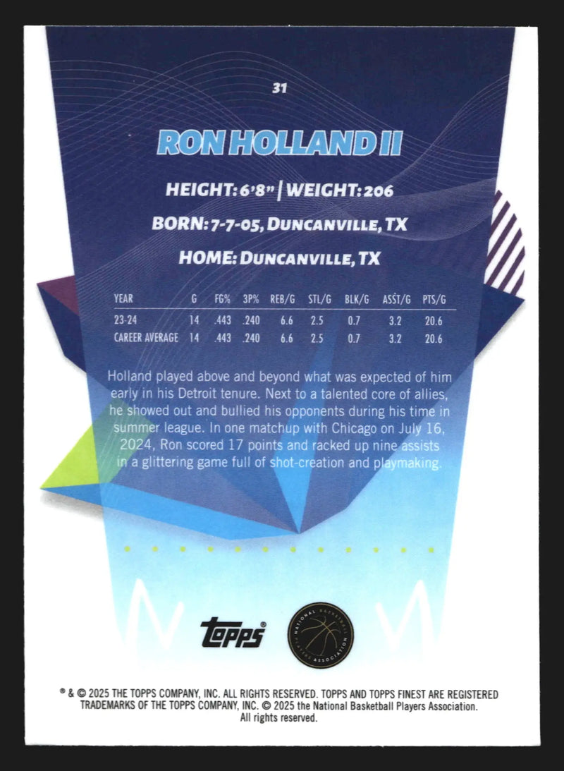 2024-25 Topps Finest Ron Holland II #31 RC Detroit Pistons Rookie