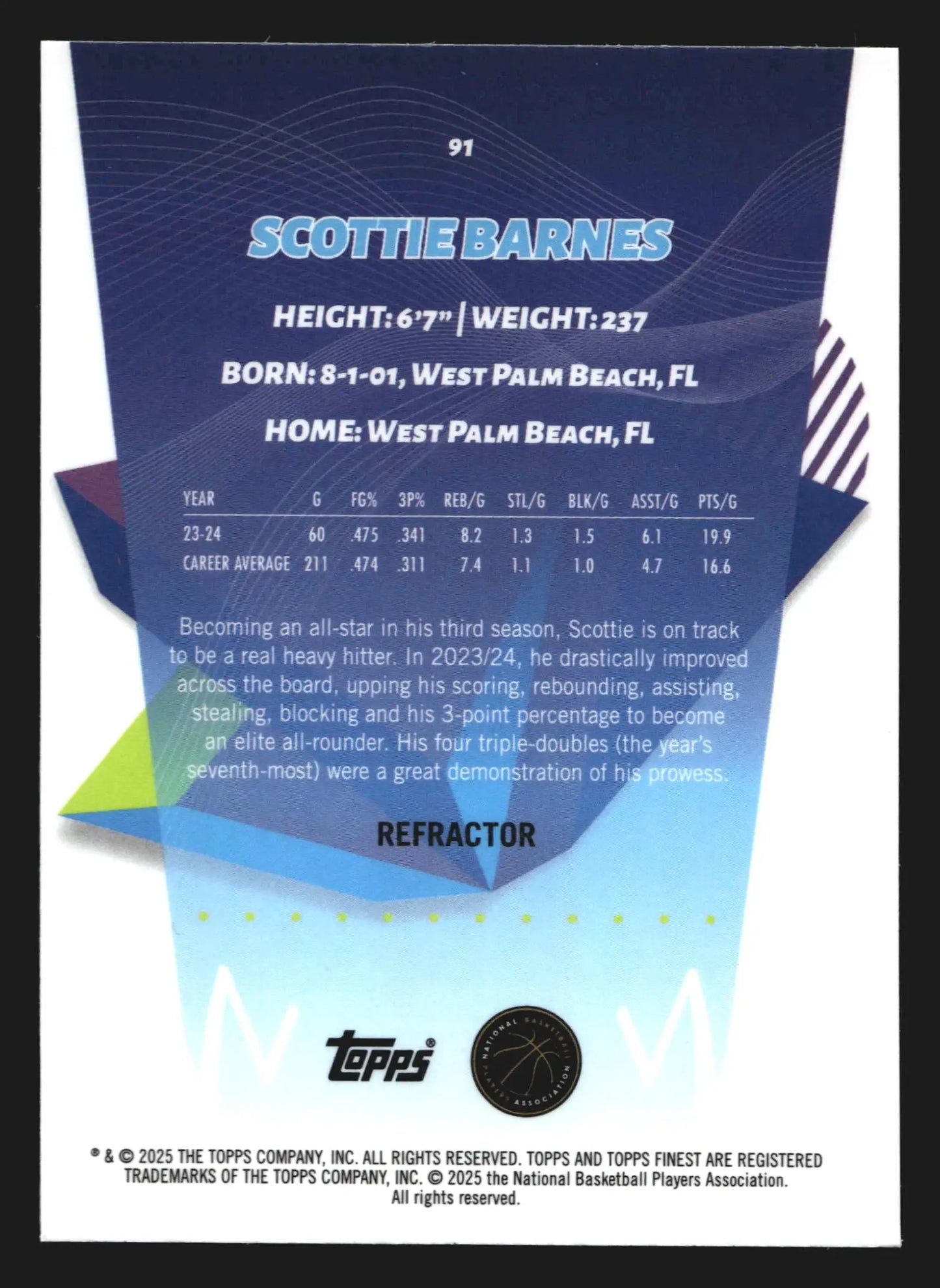 2024-25 Topps Finest Scottie Barnes #91 Refractor Toronto Raptors
