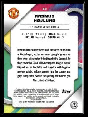 2024-25 Topps Finest UEFA Club #63 Rasmus Højlund Purple Refractor - #017/299 - Soccer Card Single