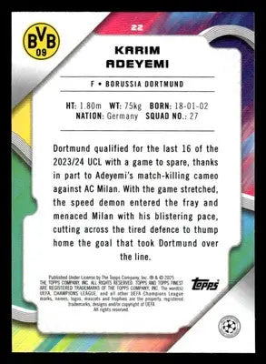2024-25 Topps Finest UEFA Club Comp #22 Karim Adeyemi - Soccer Card Single