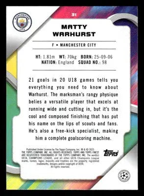2024-25 Topps Finest UEFA Club Comp #31 Matty Warhurst - Soccer Card Single
