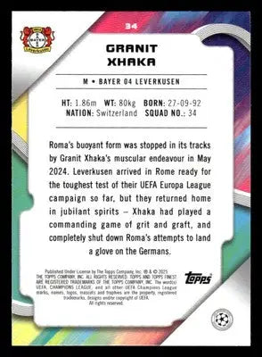 2024-25 Topps Finest UEFA Club Comp #34 Grant Xhaka - Other