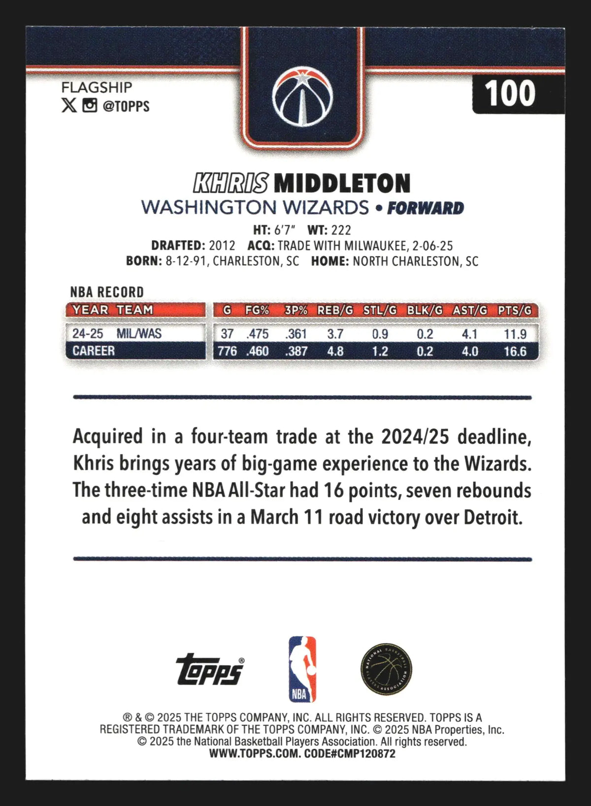 2024-25 Topps Khris Middleton #100 Crackleboard Wizards - Basketball Card Single