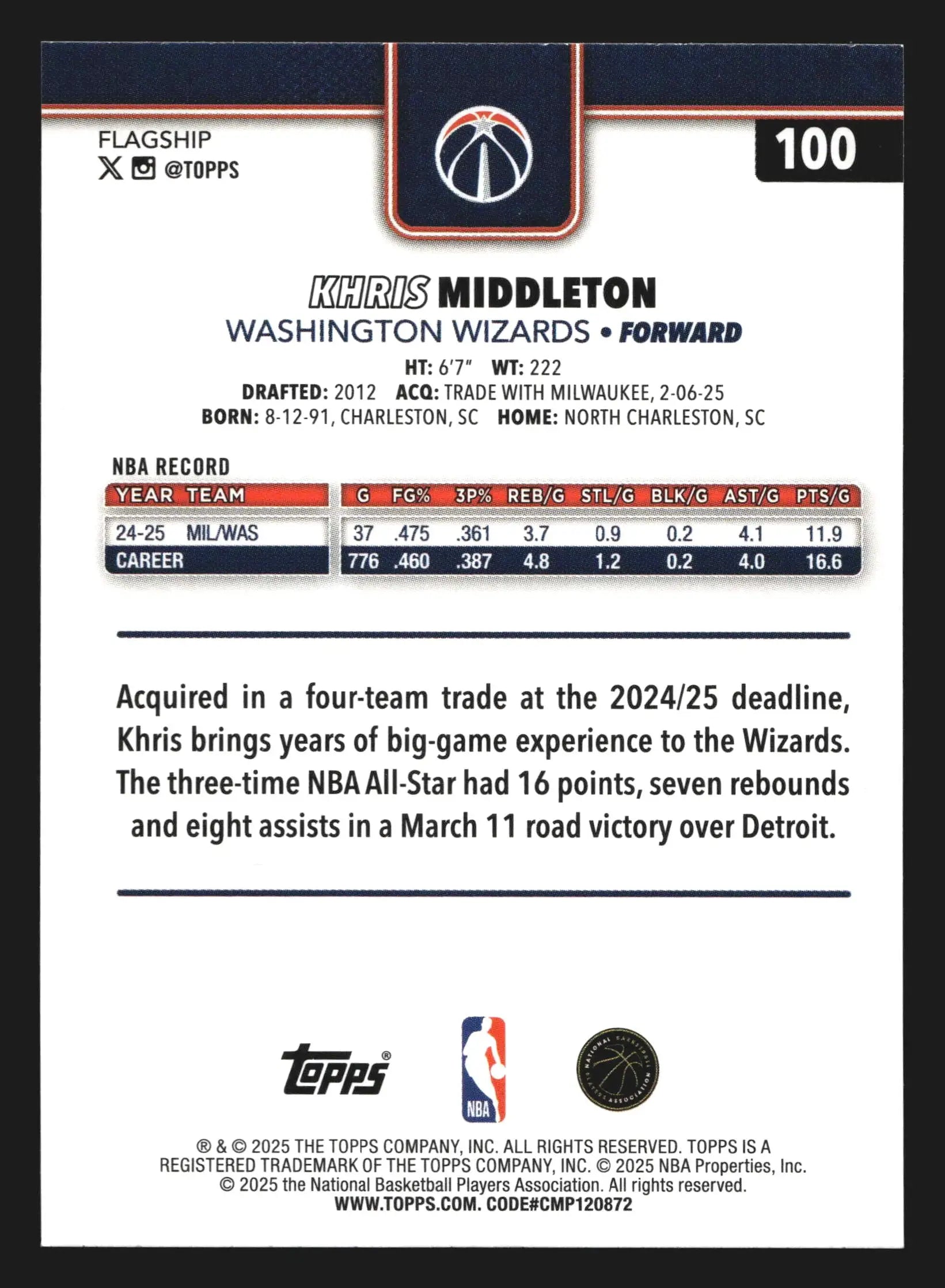 2024-25 Topps Khris Middleton #100 Crackleboard Wizards - Basketball Card Single