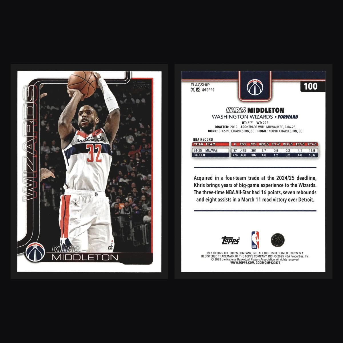 2024-25 Topps Khris Middleton #100 Wizards - Basketball Card Single