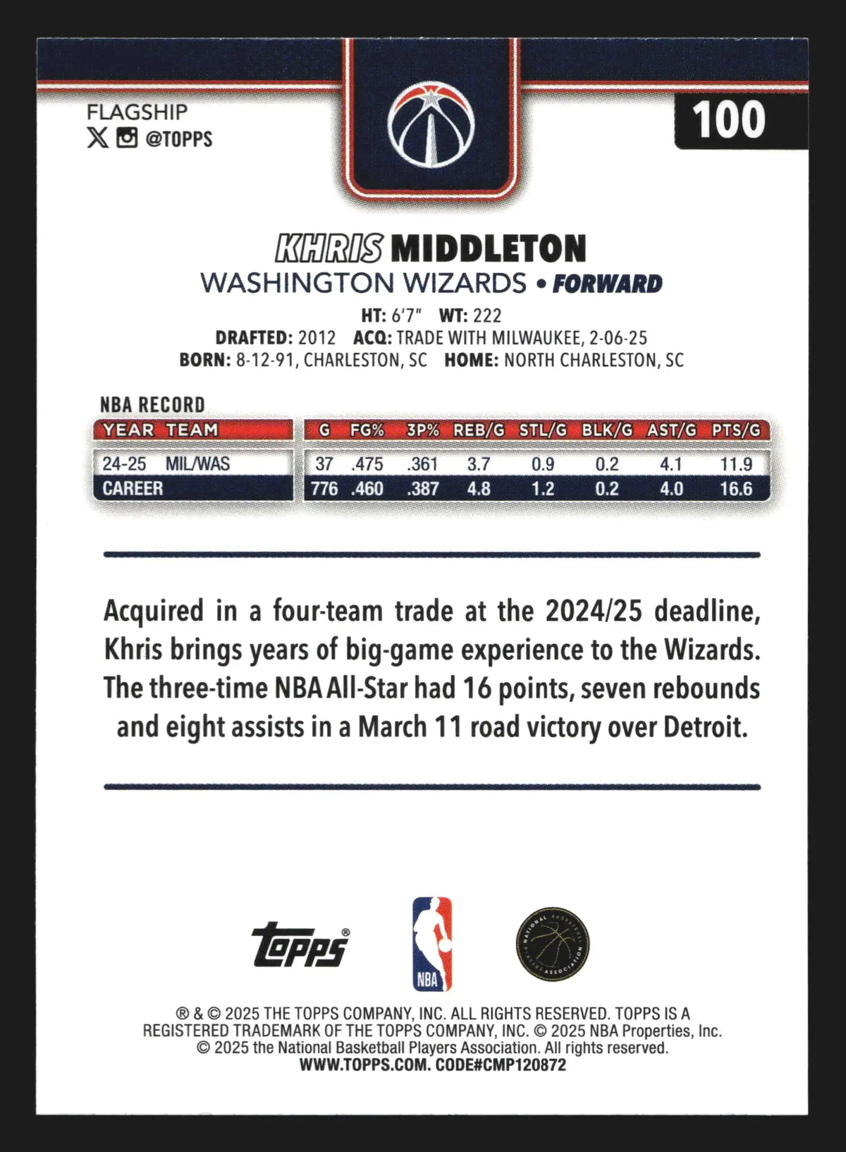 2024-25 Topps Khris Middleton #100 Wizards - Basketball Card Single