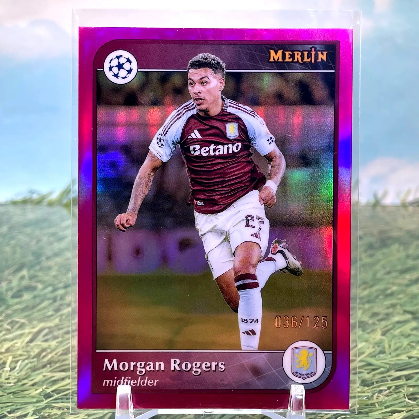 2024-25 Topps Merlin UEFA Morgan Rogers Pink Refractor /125 #27 Aston Villa - Soccer Card Single