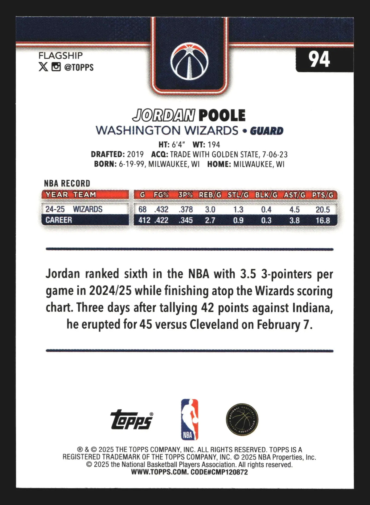 2024-25 Topps Stars of NBA Jordan Poole #SA-17 Wizards - Basketball Card Single