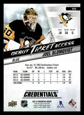 2024-25 UD Credentials #103 Joel Blomqvist Debut Ticket Access Blue #348/399 - Hockey Card Single