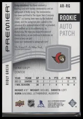2024-25 UD Premier Ridly Greig #AR-RG 2023-24 Acetate Rookie Auto Patch #/249 - Hockey Card Single