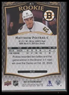 2024-25 UD Stature Matthew Poitras #41 2023-24 Blue #/99 Bruins