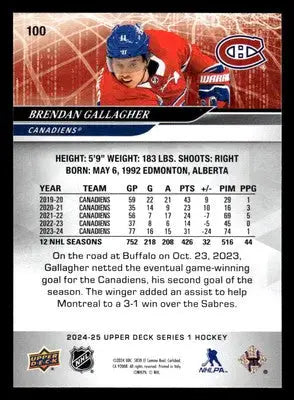 2024-25 Upper Deck #100 Brendan Gallagher - Hockey Card Single