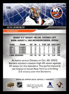 2024-25 Upper Deck #116 Ilya Sorokin - Hockey Card Single