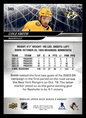 2024-25 Upper Deck #345 Cole Smith - Hockey Card Single