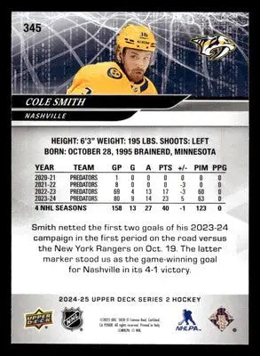 2024-25 Upper Deck #345 Cole Smith - Hockey Card Single
