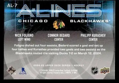 2024-25 Upper Deck #AL-7 Nick Foligno / Connor Bedard / Philipp Kurashev A-Lines