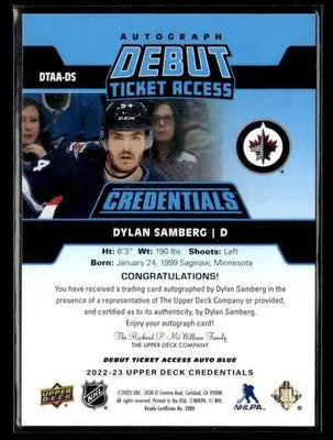 2024-25 Upper Deck Cred #DTAA-DS Dylan Samberg Debut Ticket Auto Blue #/35 - Hockey Card Single