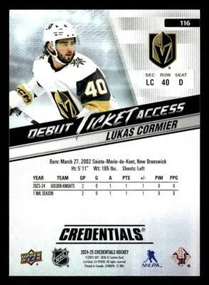 2024-25 Upper Deck Credentials #116 Lukas Cormier Debut Ticket Access #049/999 - Hockey Card Single
