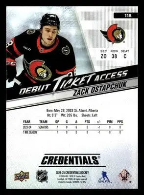 2024-25 Upper Deck Credentials #118 Zack Ostapchuk Debut Ticket Access #976/999 - Hockey Card Single