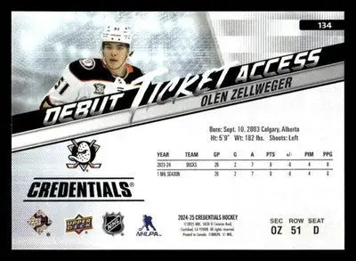 2024-25 Upper Deck Credentials #134 Olen Zellweger Debut Ticket Access - Hockey Card Single