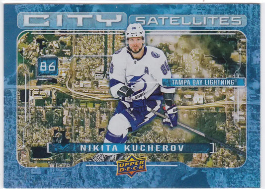 Nikita Kucherov City Satellites trading card on blue satellite map background