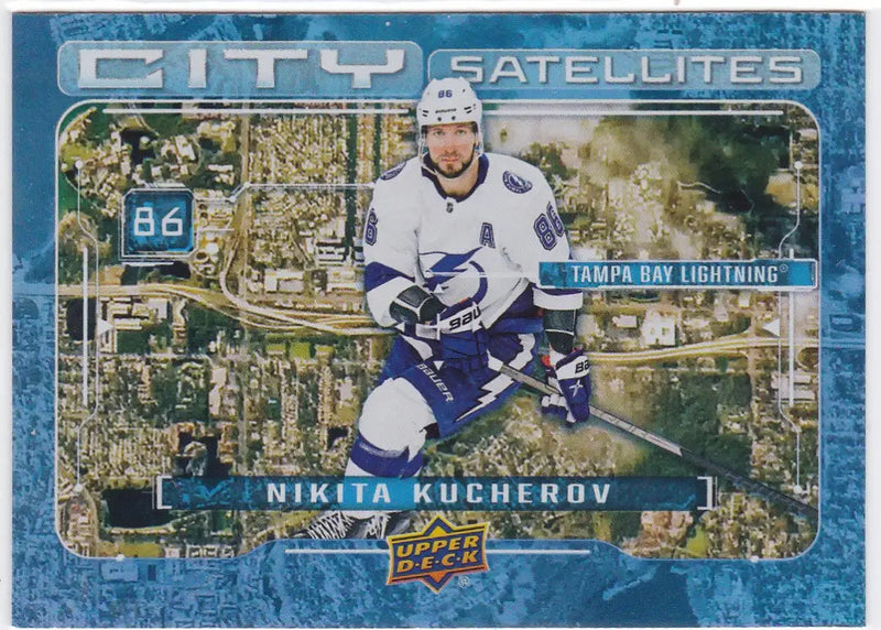 Nikita Kucherov City Satellites trading card on blue satellite map background