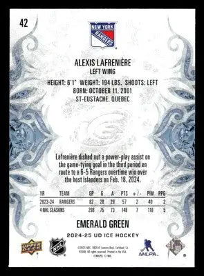 2024-25 Upper Deck Ice #42 Alexis Lafreniere Emerald Green - Hockey Card Single