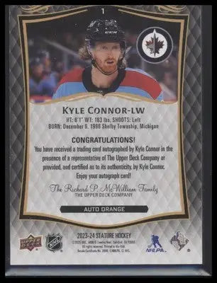 2024-25 Upper Deck Stature Kyle Connor #1 2023-24 Auto Orange #/50 Jets