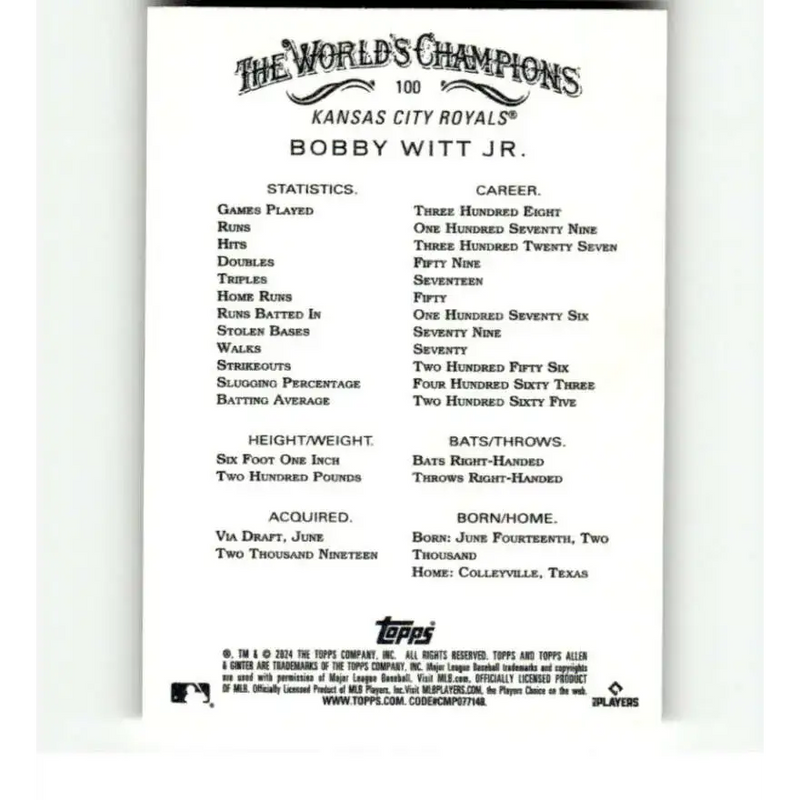 2024 Allen & Ginter #100 Bobby Witt Jr. NM-MT Kansas City Royals Baseball Card - Baseball Card Single