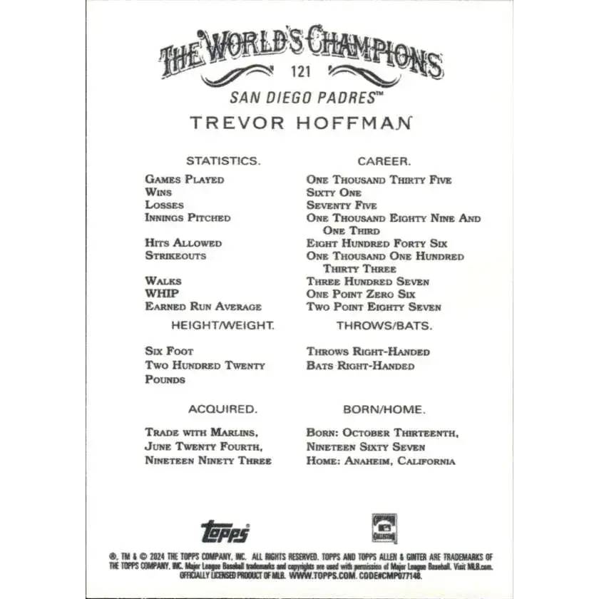 2024 Allen & Ginter #121 Trevor Hoffman NM-MT San Diego Padres Baseball Card - Baseball Card Single