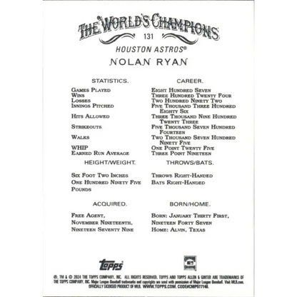 2024 Allen & Ginter #131 Nolan Ryan NM-MT Houston Astros Baseball Card  Image 2